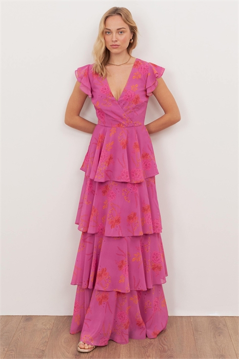 Макси-платье с цветочным принтом, имитацией перекрещивающегося выреза и рукавами-крылышками артикул 154856386