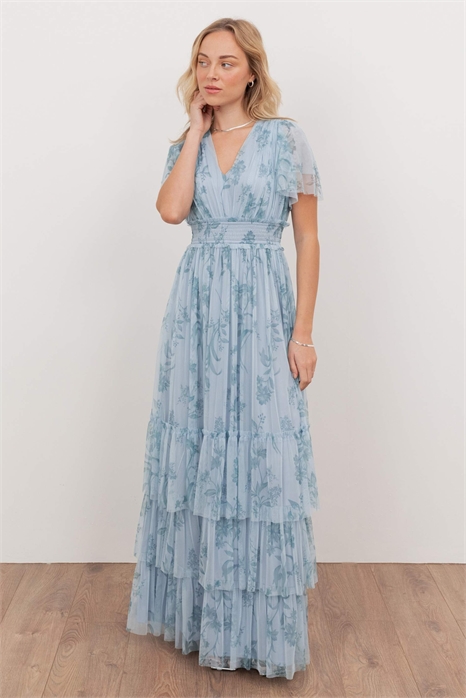 Макси-платье с V-образным вырезом и многослойным кроем артикул 154466592