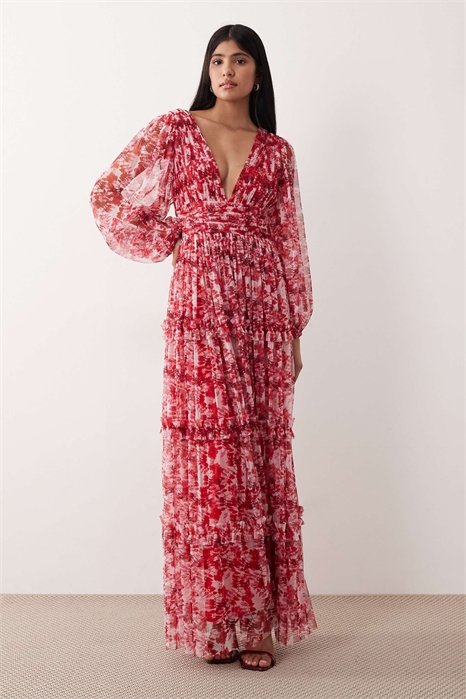 Макси-платье с глубоким V-образным вырезом и прозрачными рукавами-колокольчиками артикул 152319630