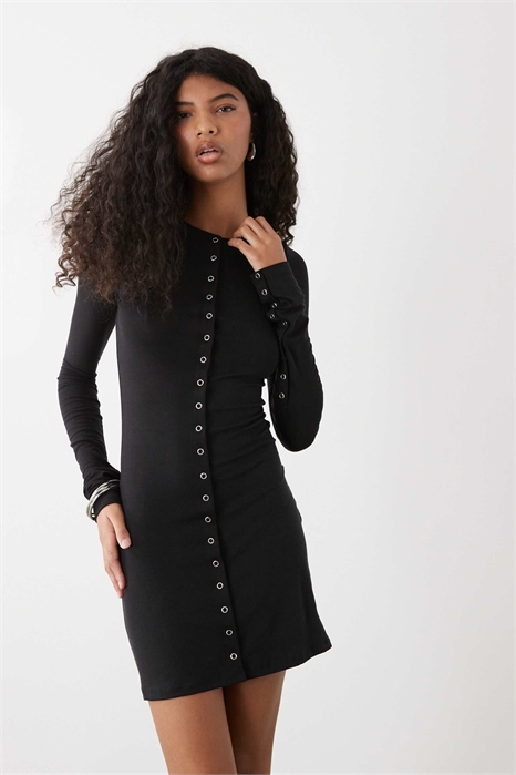 Мини-платье с длинными рукавами и застежкой на кнопках артикул 155391802