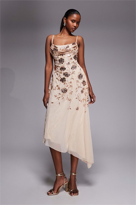 Асимметричное платье средней длины с цветочным декором артикул 155444500