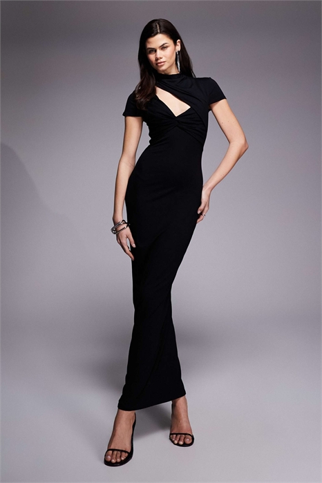 Макси-платье с высоким воротником, короткими рукавами и асимметричным узлом на груди артикул 153818839