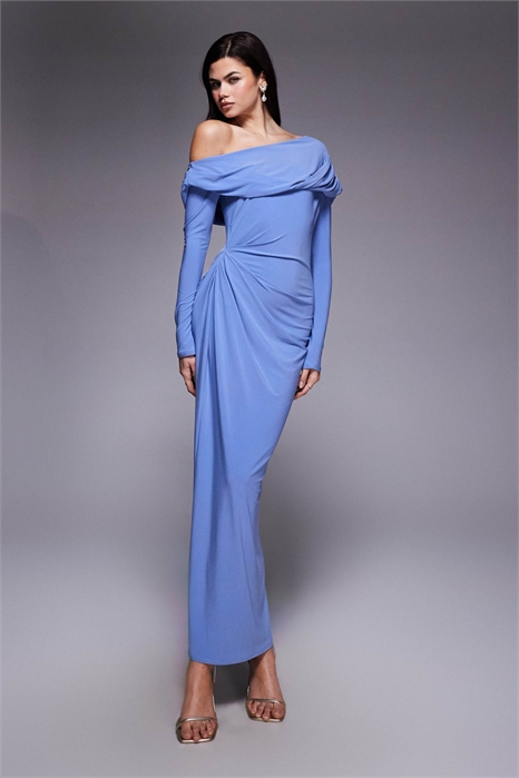 Облегающее макси-платье с длинными рукавами, спущенными плечами и драпировкой артикул 154208108