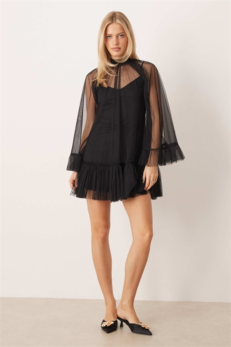 Мини-платье с высоким воротником и прозрачными рукавами артикул 153786443