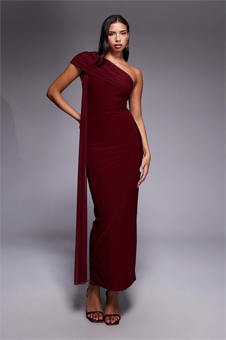 Эксклюзивное макси-платье из двухслойной эластичной сетки с одним плечом и драпировкой артикул 153399796