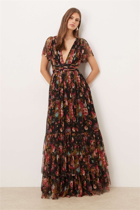 Макси-платье с тюлевыми рукавами-крылышками и глубоким V-образным вырезом артикул 152319601