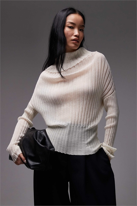 Тонкий и легкий свитер с широкой ребристой вязкой и высоким воротником артикул 152632136