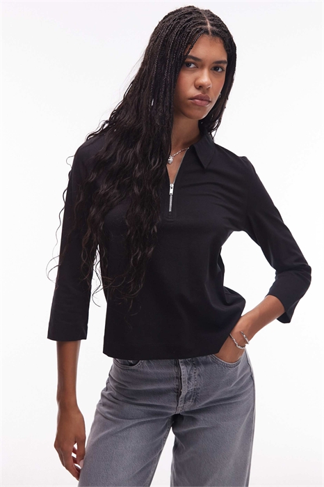 Поло из трикотажа с ребристой отделкой, воротником на молнии и рукавами длиной 3/4 артикул 149244966