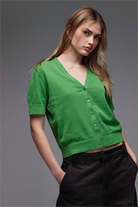 Кардиган из чистого хлопка с мелким трикотажным узором и короткими рукавами артикул 147258717