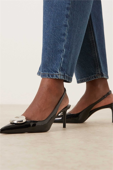 Туфли на шпильке с открытой пяткой и яркой фурнитурой артикул 154312075