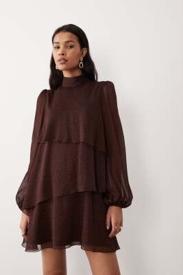 Мини-платье с высоким воротником и оборками артикул 155864190