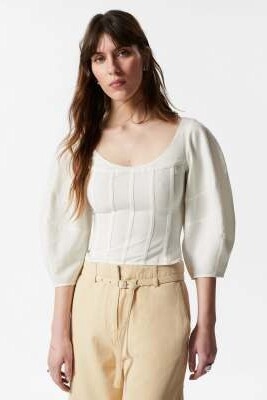 Блузка-корсет из ткани с объёмными рукавами артикул 146785057