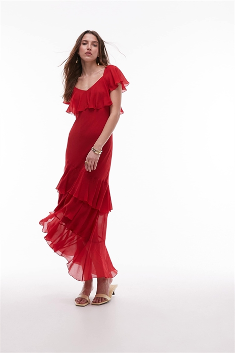 Асимметричное платье средней длины с многоярусными оборками артикул 146841084