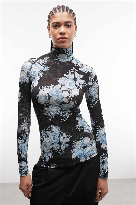 Прозрачный топ с высоким воротником и цветочным принтом артикул 153891743