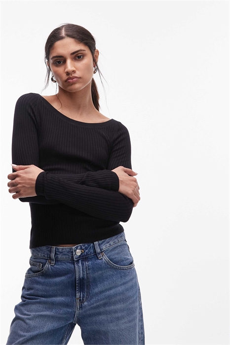 Трикотажный топ с длинными рукавами и круглым вырезом артикул 153891701