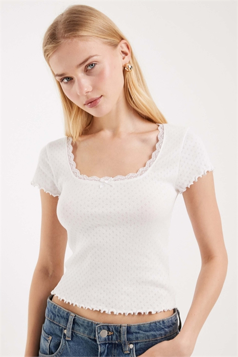 Футболка с кружевной отделкой и квадратным вырезом из ткани «пойнтелл» артикул 152384428