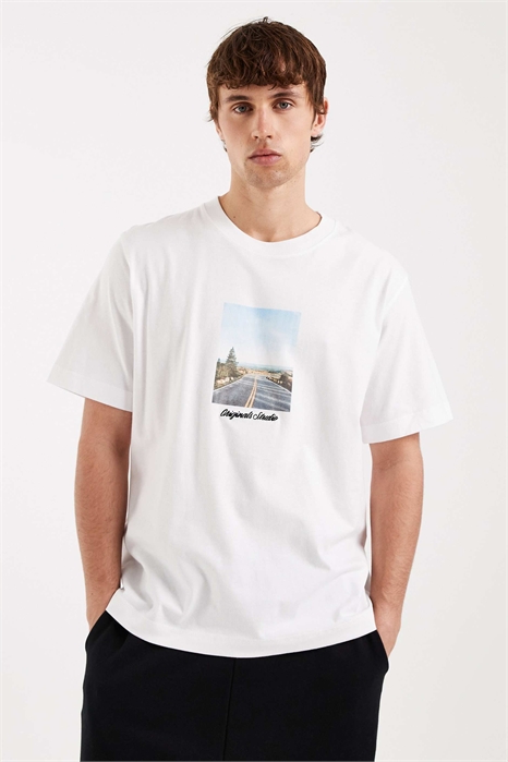 Футболка свободного кроя с пейзажным принтом на груди артикул 154767590