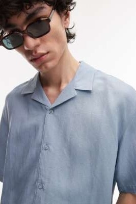 Рубашка с короткими рукавами из смешанного льна, классического кроя артикул 139876218