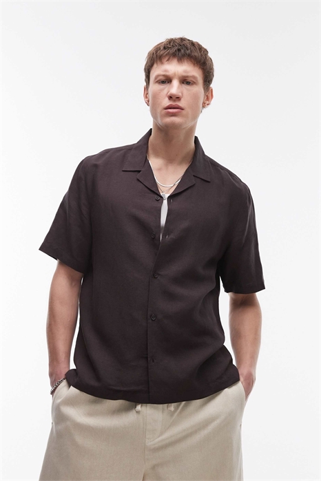 Рубашка с короткими рукавами из смешанного льна, классического кроя артикул 141244078