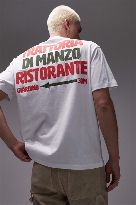 Футболка с рельефным принтом «Trattoria Di Manzo» спереди и сзади артикул 143357621