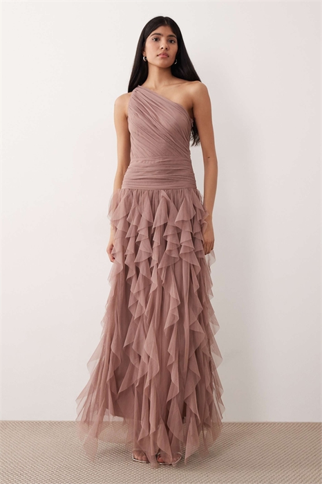 Макси-платье для подружки невесты из тюля с одним плечом, воланами и водопадным силуэтом артикул 152319614