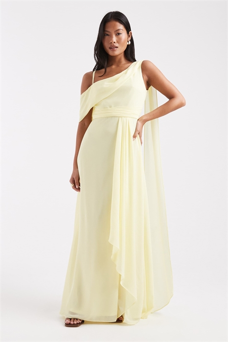 Макси-платье для подружки невесты из шифона с открытыми плечами и юбкой-парео артикул 153113518