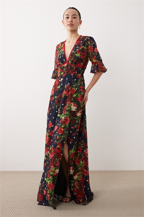 Макси-платье с оборками на рукавах, разрезом на бедре и открытой спиной артикул 153362514