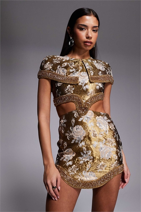 Мини-платье из жаккарда с декором в виде мыса и фигурным подолом артикул 150327138