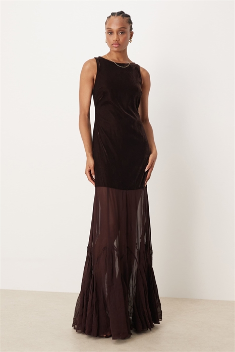 ASOS DESIGN — Макси-платье из бархата с заниженной талией и прозрачной юбкой с годетами артикул 149760116