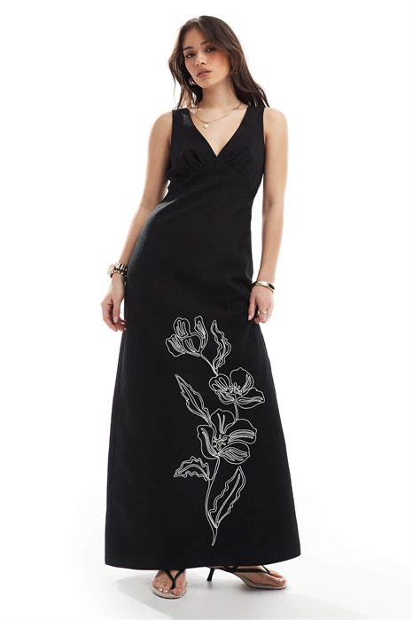 Макси-платье с V-образным вырезом, с цветочной вышивкой, под имитацию льна артикул 140593230