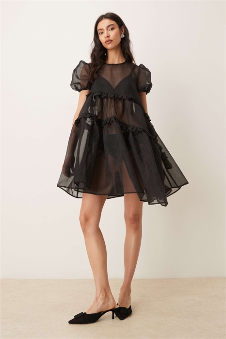 Эксклюзивное мини-платье из прозрачной органзы с буфчатыми рукавами, многослойными оборками и асимметричным подолом артикул 154837286