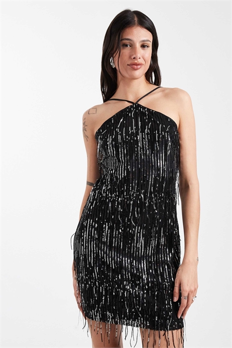 Мини-платье с кисточками и пайетками, с завязками за шеей артикул 149727289