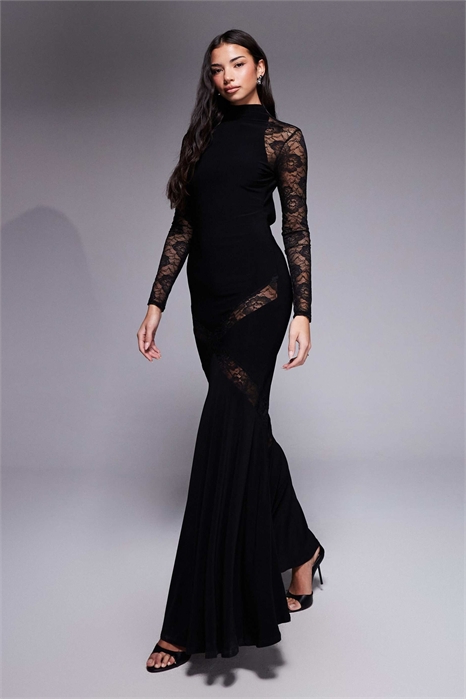 Макси-платье с высоким воротником и кружевными вставками артикул 155092663