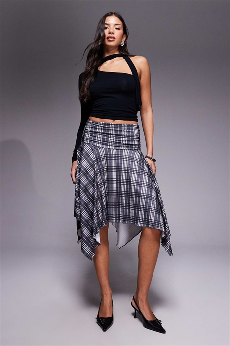 Юбка средней длины с рюшами на талии и асимметричным подолом артикул 150660862