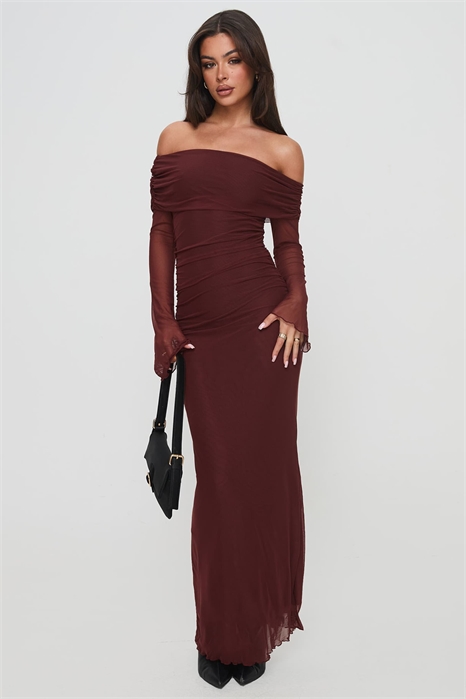 Макси-платье с сетчатым верхом, рукавами-бадо, расклешенным силуэтом и волнистым краем артикул 146140511