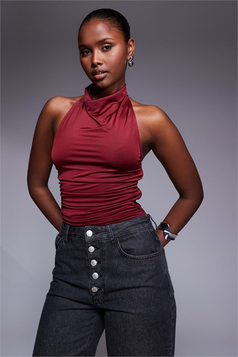 Топ-слинки с высоким воротником и завязками за шеей артикул 140137342