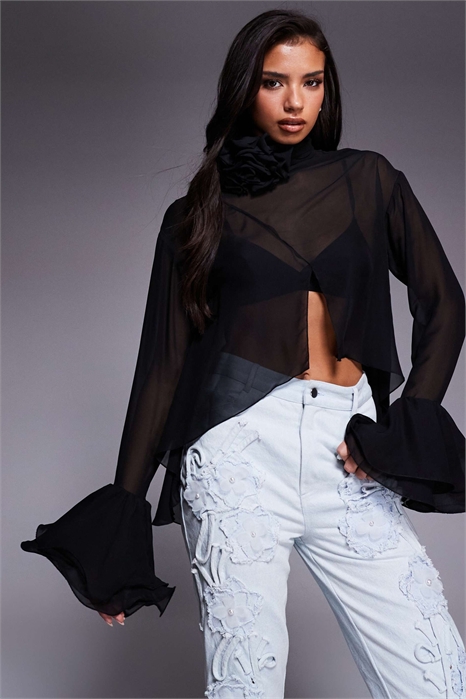 Топ с высоким воротником из прозрачной ткани с элементами корсажа артикул 150000751