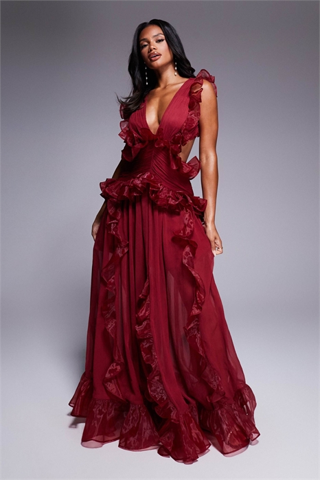 Макси-платье с глубоким вырезом, рюшами из шифона и открытой спиной артикул 145946801