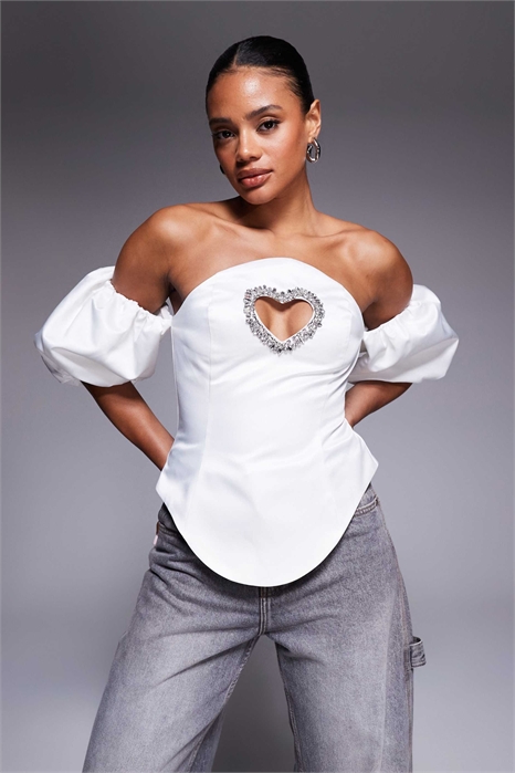 Топ с рукавами-буффами и вырезом в форме сердца артикул 148080695