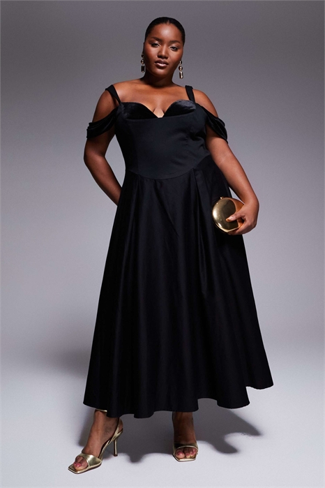 Платье-миди с закругленным силуэтом, пышной юбкой и бархатными вставками артикул 148883255