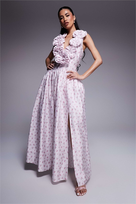 Макси-платье с глубоким вырезом, заниженной талией и корсажем артикул 140888232