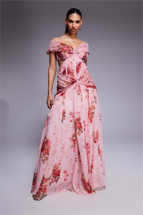 Макси-платье из органзы и шифона с принтом артикул 140312029