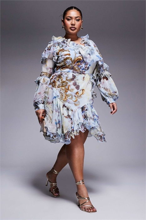 Асимметричное мини-платье из органзы и шифона с принтом и декоративными элементами артикул 139010068