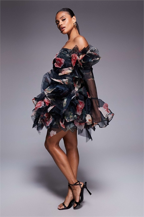 Мини-платье из органзы с открытыми плечами артикул 148301887