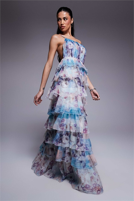 Макси-платье из органзы с асимметричными оборками артикул 140437299
