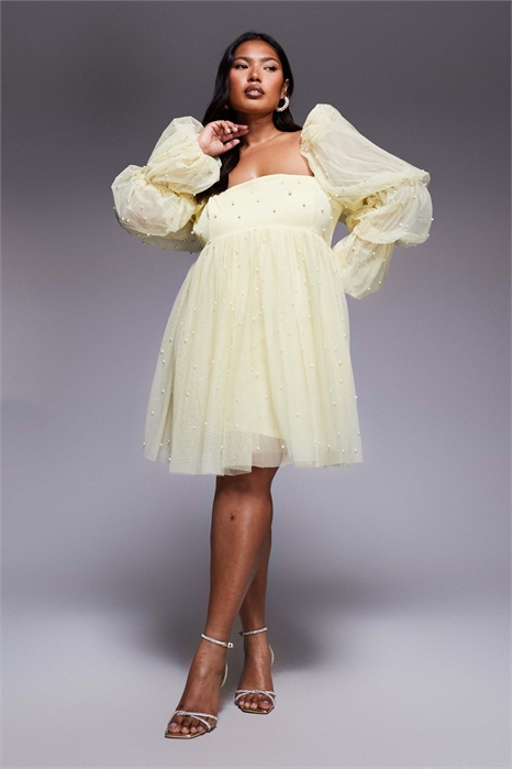 Платье-бабел из тюля с закругленным силуэтом и жемчужными украшениями артикул 141913213