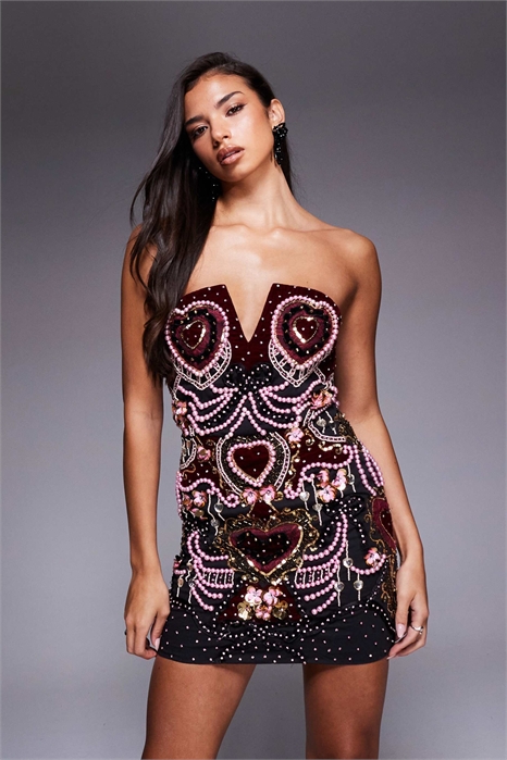 Мини-платье с бархатным сердечком, украшенное жемчужной отделкой и съемными бретелями артикул 148925578