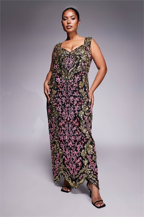 Макси-платье с вышивкой бисером и волнистым подолом артикул 148925468