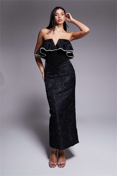 Макси-платье с жакардовым узором и открытыми плечами, отделанное жемчугом артикул 148300597