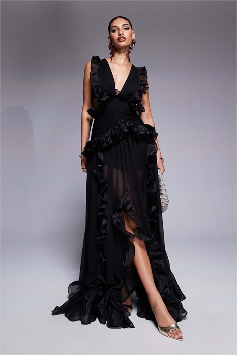 Макси-платье с глубоким вырезом, рюшами из шифона и открытой спиной артикул 140439301